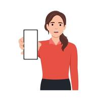 vrolijke mooie jonge vrouw stak haar hand op om een leeg scherm in de mobiele telefoon te tonen terwijl ze conceptillustratie stond vector