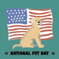 gelukkig nationaal hond dag groet kaart vector ontwerp. schattig tekenfilm hond tegen de achtergrond van de vlag Verenigde Staten van Amerika