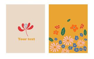 reeks van vector achtergronden met bloemen in modieus retro trippy stijl. hippie jaren 60, jaren 70 stijl. blauw, oranje, beige kleuren.