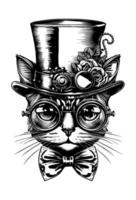 spion kat hoofd met zonnebril en hoed hand- getrokken illustratie vector