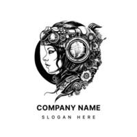 steampunk ingenue logo belichaamt de geest van avontuur en vindingrijkheid dat definieert de steampunk subcultuur. met haar leer korset, messing stofbril, en uurwerk accessoires vector