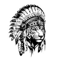 tijger hoofd met inheems Amerikaans Indisch chef accessoires logo hand- getrokken illustratie vector