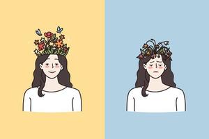 mentaal Gezondheid problemen en contrasten concept. jong gelukkig en verdrietig vrouw hebben groeit bloesem en beschadigd bloemen Aan hoofd betekenis mentaal staat vector illustratie