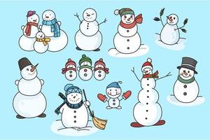 reeks van verschillend sneeuwmannen in kostuums hoed en sjaal voor winter vakantie. verzameling van feestelijk sneeuw mannen tekenfilm tekens single en groep. nieuw jaar en Kerstmis viering. vector illustratie.