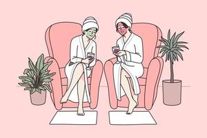 gelukkig jong Dames in badjassen drinken wijn kom tot rust in spa Aan weekend samen. glimlachen meisjes hebben schoonheid gezicht procedures en lichaam zorg behandeling rust uit in salon. cosmetologie. vector illustratie.