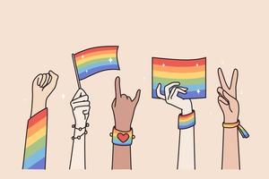 lgbt trots maand vakantie concept. menselijk handen gebaren golvend met lgbt regenboog en transgender vlag gedurende optocht vector illustratie