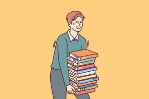 uitgeput Mens draagt groot stack van boeken lijden van overbelasten terwijl voorbereidingen treffen voor examens. vent leerling wie wil naar Gaan naar college of Universiteit duurt boeken en literatuur van bibliotheek vector