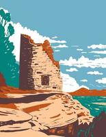 geschilderde hand pueblo in canyon van het ouden nationale monument in wpa poster art vector