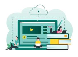 online opleiding, e-learning, online Cursus concept. studenten aan het leren en gebruik makend van laptop met wolk berekenen illustratie vector