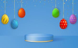 gelukkig Pasen dag 3d tafereel met podium platform, helder Pasen eieren slingers en confetti Aan een blauw achtergrond. vector