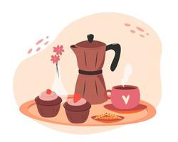 koffie elementen. koffie maker, pot, koffie maker, beker, taart, bloemen. vector illustrator