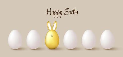 gelukkig Pasen schattig achtergrond met wit eieren en gouden ei met konijn oren. vector