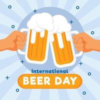 Internationale bier dag . twee handen Holding de bier bier glas. vector illustratie in retro stijl. geschikt naar gebruik Aan Internationale bier dag evenement