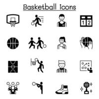 set van basketbal gerelateerde vector iconen. bevat pictogrammen zoals bal, speler, refree, basketbalveld, schoenen, scorebord, trofee, hoepel en meer.