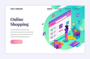 isometrische bestemmingspagina ontwerpconcept van online winkelen. een jonge vrouw die producten in web online winkel koopt. vector illustratie