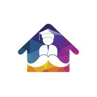 sterk onderwijs logo ontwerp sjabloon. leerling met snor en huis icoon ontwerp. vector