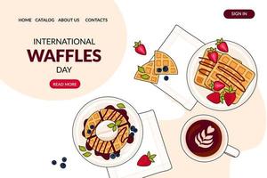 web bladzijde met belgisch wafels. Internationale wafel dag. ontbijt, Fast food. banier, website, reclame, menu. vector illustratie in tekening stijl