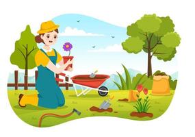 tuinman illustratie met tuin hulpmiddelen, landbouw, groeit groenten in botanisch zomer tuinieren vlak tekenfilm hand- getrokken voor landen bladzijde Sjablonen vector