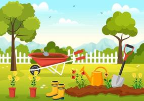 tuinman illustratie met tuin hulpmiddelen, landbouw, groeit groenten in botanisch zomer tuinieren vlak tekenfilm hand- getrokken voor landen bladzijde Sjablonen vector