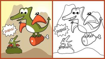 grappig dinosaurus draag- vlees voor haar welp in nest Aan vulkanen achtergrond, vector tekenfilm illustratie, kleur bladzijde of boek