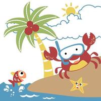 grappig krab vervelend duiken stofbril met zeester en vis in de strand Bij zomer, vector tekenfilm illustratie