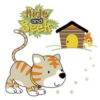 grappig kat en vogel spelen verbergen en zoeken, vector tekenfilm illustratie