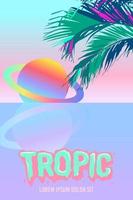 neon saturnus en palmbladeren. surrealistische strand tropische achtergrond vector