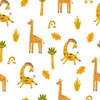 giraffen en palm bomen naadloos patroon. tropisch oerwoud achtergrond. perfect voor het drukken baby kleren, textiel stoffen. vector tekenfilm illustratie.