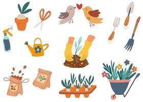 voorjaar tuinieren buitenshuis illustraties set. tuin hulpmiddelen, planten, bloemen, en vogelstand seizoensgebonden vlak stijl verzameling. vector tekenfilm illustratie geïsoleerd Aan de wit achtergrond.