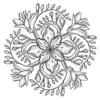 cirkel voorjaar en zomer tekening ornament. hand- getrokken mandala kunst met bloemen en bladeren zwart en wit schets. vector