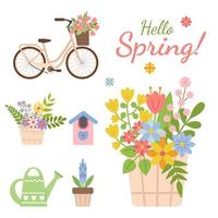 schattig voorjaar groet kaart met belettering. fiets met mand van bloemen, vogelhuisje, gieter kan, boeket van bloemen. hand- getrokken vlak tekenfilm elementen. vector illustratie