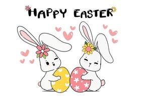 twee paar schattige lente konijntje knuffelen paasei. vrolijke lente Pasen, schattige cartoon doodle tekening illustratie vector