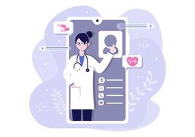 online gezondheidszorg en medisch concept van arts vectorillustratie, geneeskundeoverleg en behandeling via toepassing van smartphone of computer verbonden internetkliniek vector