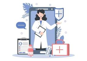 online gezondheidszorg en medisch concept van arts vectorillustratie, geneeskundeoverleg en behandeling via toepassing van smartphone of computer verbonden internetkliniek vector