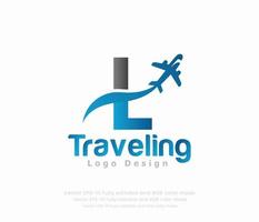 brief l reizen logo en vliegtuig logo vector