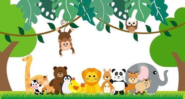 vector schattige jungle dieren in cartoon stijl, wilde dieren, dierentuin ontwerpen voor achtergrond, babykleding. handgetekende karakters
