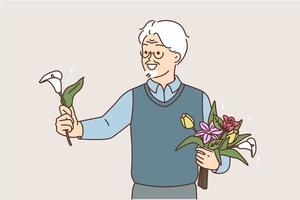 glimlachen oud opa geven bloem groet met Internationale Dames dag. gelukkig ouderen Mens feliciteren met bloemen boeket. vector illustratie.