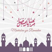 marhaban ya ramadhan banner met kalligrafie, moskee op pastelkleur geschikt voor wenskaarten, flyer, poster, omslag, web, social media post of verhalen vector