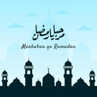 marhaban ya ramadhan banner met kalligrafie, moskee op pastelkleur geschikt voor wenskaarten, flyer, poster, omslag, web, social media post of verhalen vector