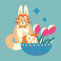Pasen schattig kat met konijn oren en een bord met Pasen eieren en bloemen, tulpen. vector