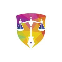 wet logo vector met gerechtelijk balans symbolisch van gerechtigheid schaal in een pen punt. logo vector voor wet, rechtbank, gerechtigheid Diensten en bedrijven.
