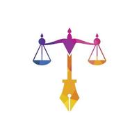 wet logo vector met gerechtelijk balans symbolisch van gerechtigheid schaal in een pen punt. logo vector voor wet, rechtbank, gerechtigheid Diensten en bedrijven.