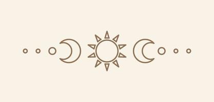 hemel- tekst verdeler met zon, sterren, maan fasen, halve manen. overladen boho mysticus scheidingsteken decoratief element vector