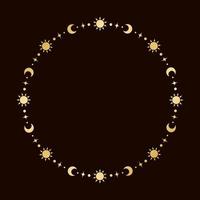 mysticus hemel- ronde gouden kader met zon, sterren, maan fasen, halve manen en kopiëren ruimte. overladen magisch achtergrond. vector