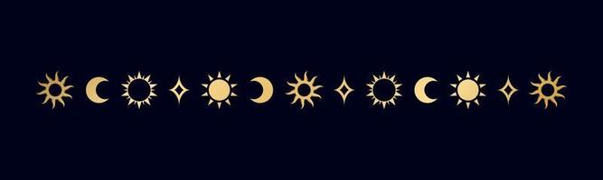 goud hemel- scheidingsteken met zon, sterren, maan fasen, halve manen. overladen boho mysticus verdeler decoratief element vector