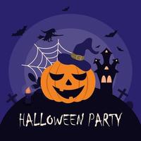 vectorillustratie op het thema van halloween, die laat zien, pompoen in een hoed, vleermuizen, heks, spinnenweb, kaars, kasteel. vector