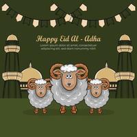 eid al-adha wenskaarten met hand getrokken schapen op groene achtergrond. vector