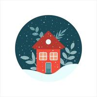 huis met planten in een cirkel met een nachtelijke hemel in de winter met sneeuwvlokken, platte vectorillustratie, pictogram vector