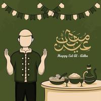 eid al-adha wenskaarten met hand getrokken van moslimmensen en islamitisch eten op groene achtergrond. vector