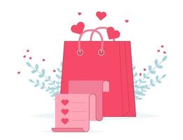 Valentijnsdag boodschappentas met boodschappenlijst. hou van geschenk papieren zak vector